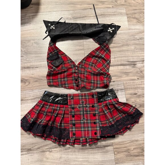 Vtg Foreplay Red Plaid Skirt & Top Set  Black Lace Cross Accents M/L Punk grunge - Picture 11 of 13